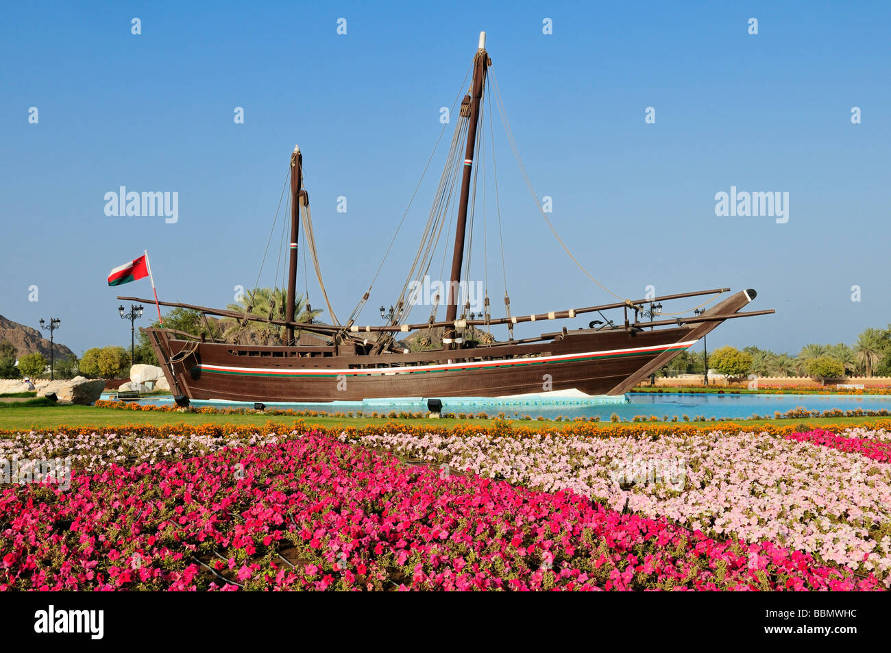Renovated dhow Sohar at Al Bustan Roundabout, Muscat, Sultanate of Oman, Arabia, Middle East Stock Photo