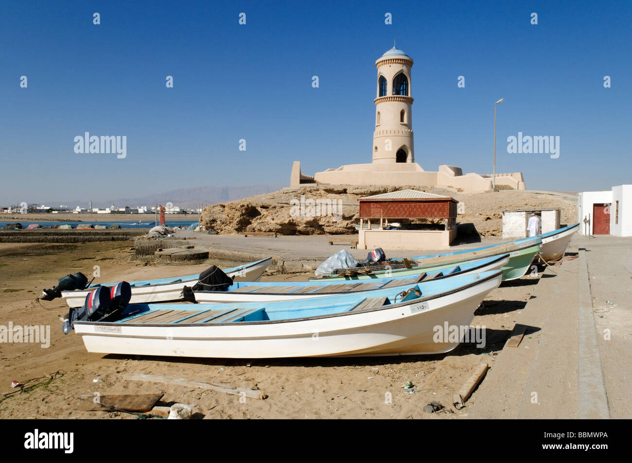 Fishing boat in the harbour of Al Ayjah, Sur, Al Sharqiya Region, Sultanate of Oman, Arabia, Middle East Stock Photo