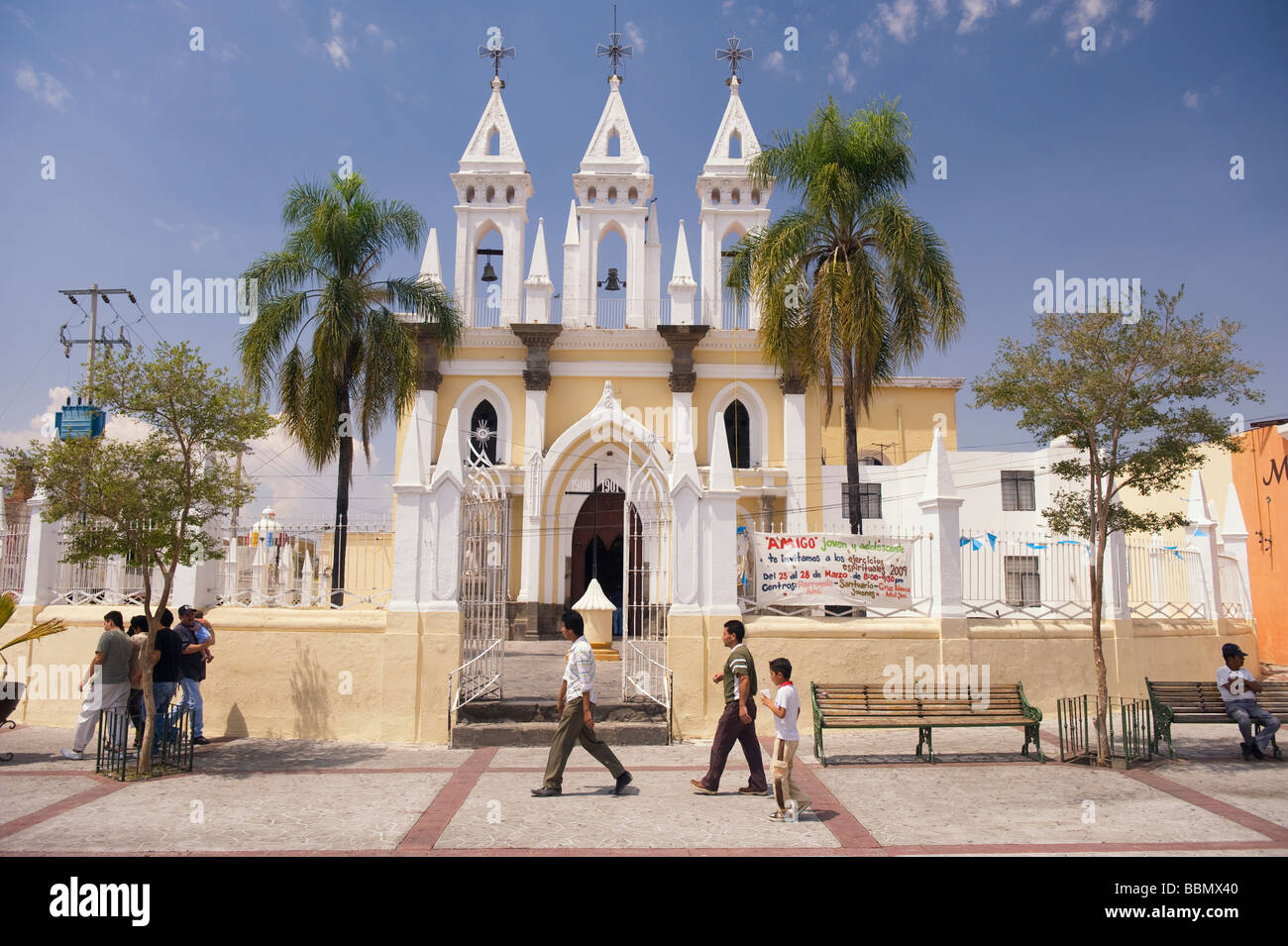 Triple spired Church in the centre on Tonala, Jalsico, Mexico Stock Photo