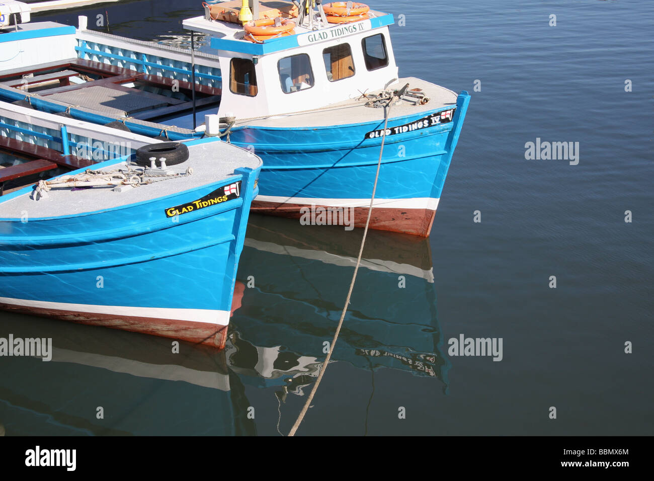 Tourist boats, used for visiting Farne Islands, moored in harbour, Seahouses, Northumberland, Uk Stock Photo