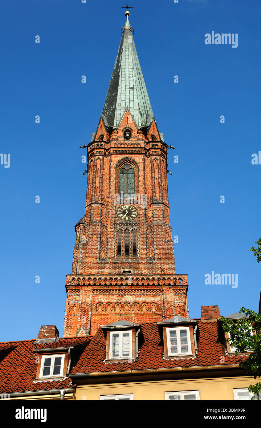 Tower of St. Nicholas Church, redbrick Gothic, Neo-Gothic 1895, Lueneburg, Lower Saxony, Germany, Europe Stock Photo
