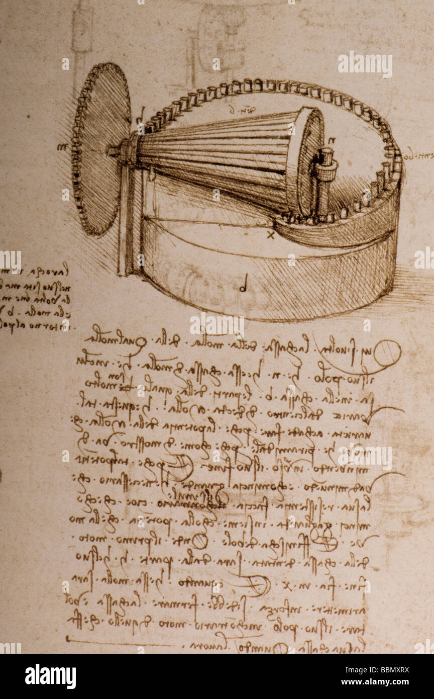 Study of the Diminishing Power of  an Unwinding Spring by Leonardo da Vinci 1493-1497  pen ink Stock Photo