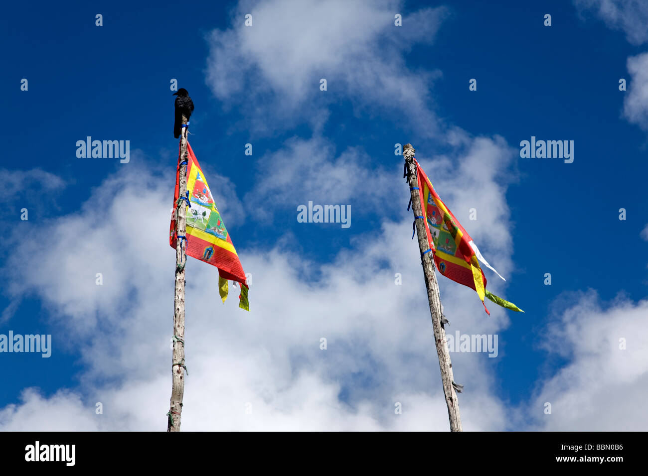 Buddhist flags and crown. Mirhi village. Manali-Leh road. Himachal Pradesh. India Stock Photo