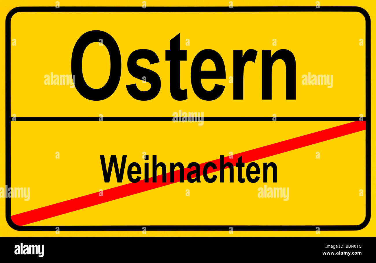 Sign city limits, symbolic image for the end of Christmas and the beginning of Easter Stock Photo