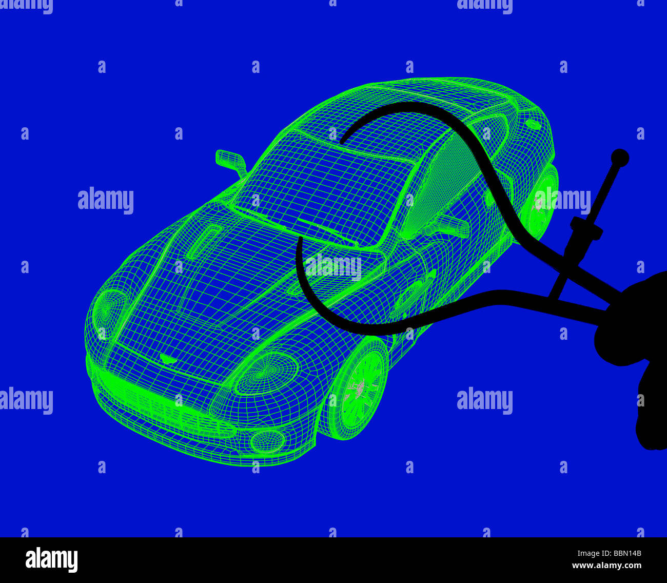 compueter generated wire frame 3D view of futuristic car being measured by calipers Stock Photo