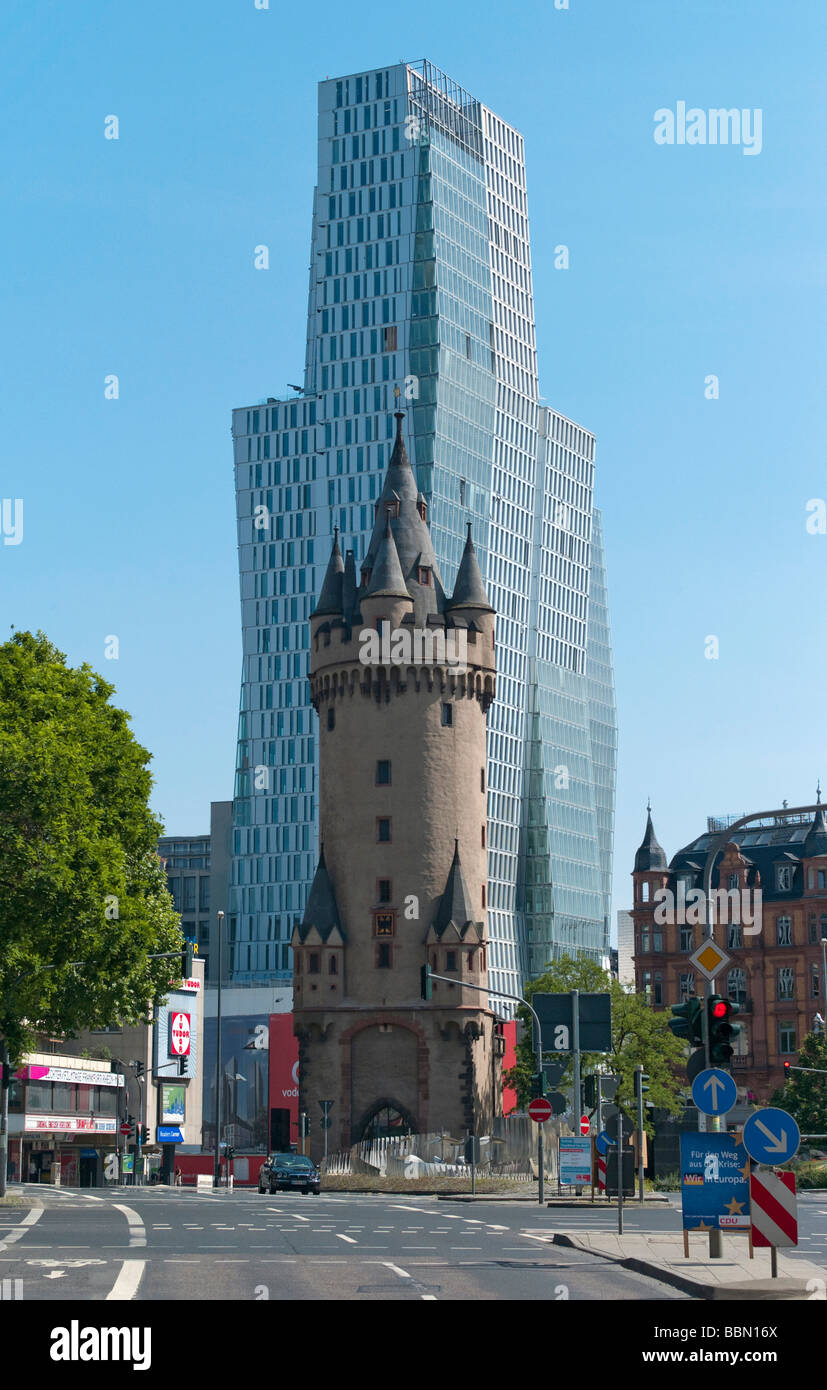 Eschenheimer Tower, city gate of the late medieval Frankfurt city walls, landmark of Frankfurt, office tower 135 meters in heig Stock Photo