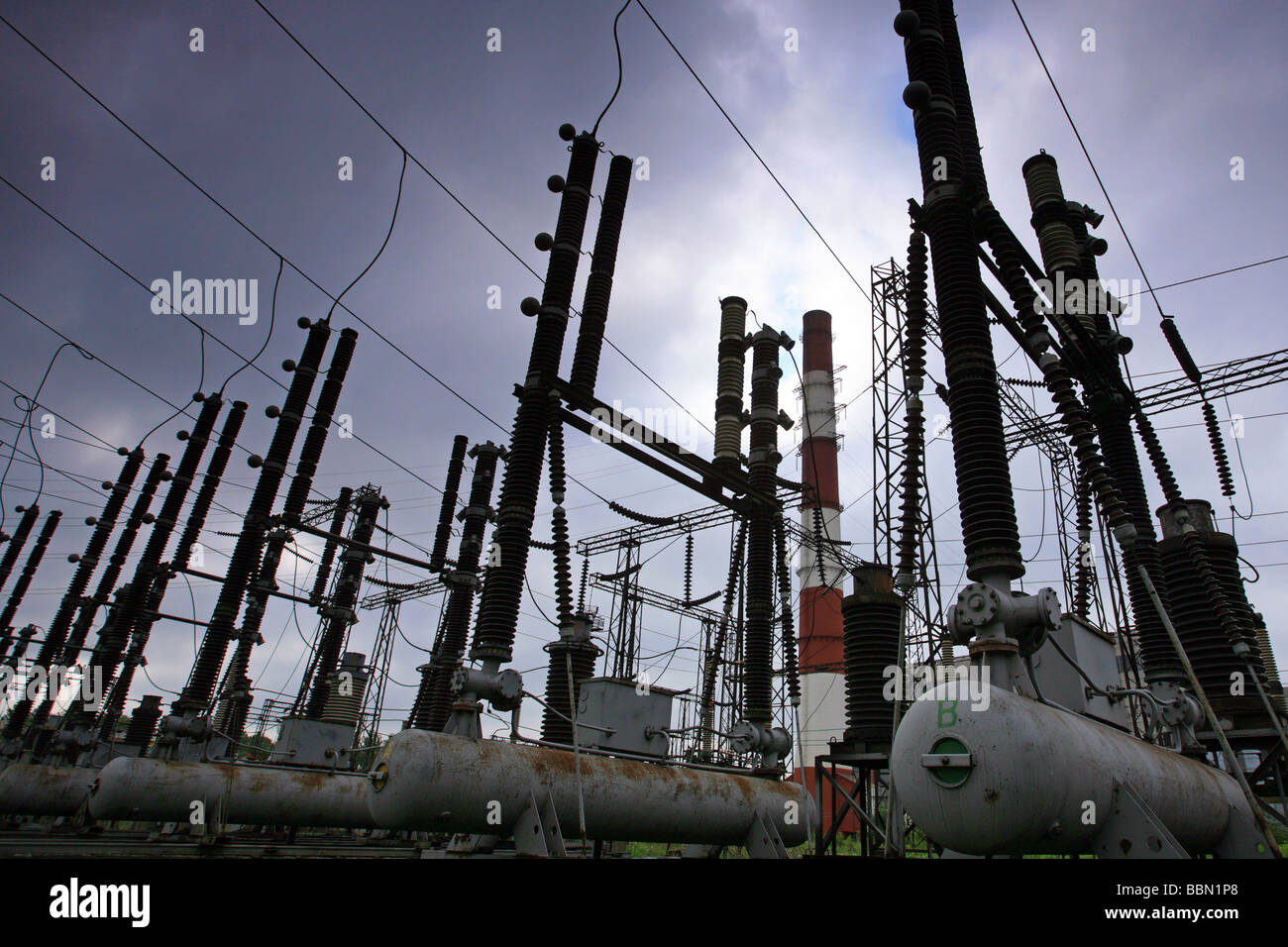 Electric power line substation Stock Photo - Alamy
