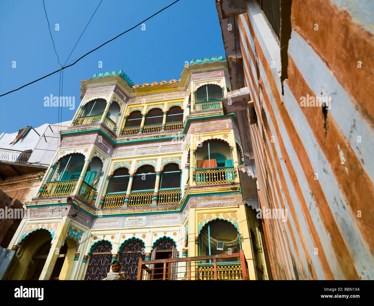 Varanasi,India;Vibrant coloured apartment buildings Stock Photo