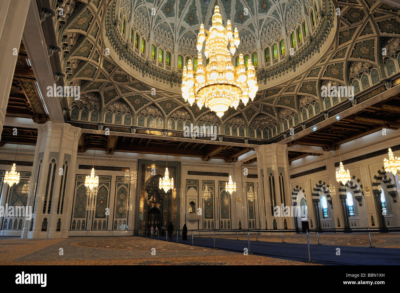 Central prayer hall at the Sultan Qaboos Grand Mosque, Muscat, Sultanate of Oman, Arabia, Middle East Stock Photo