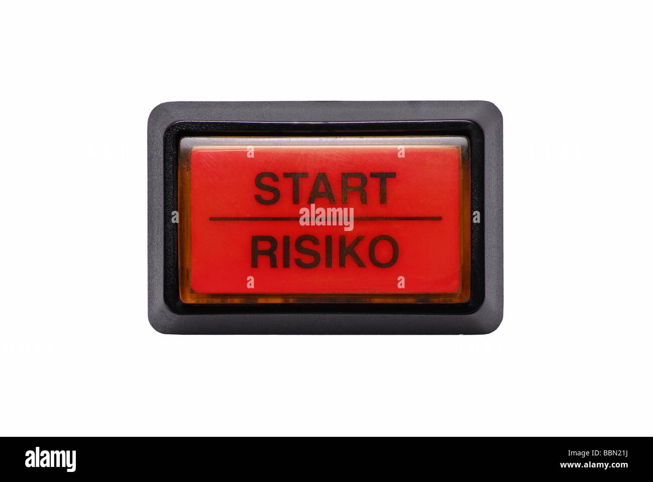 Button labelled with Start and Risiko, German for Risk Stock Photo