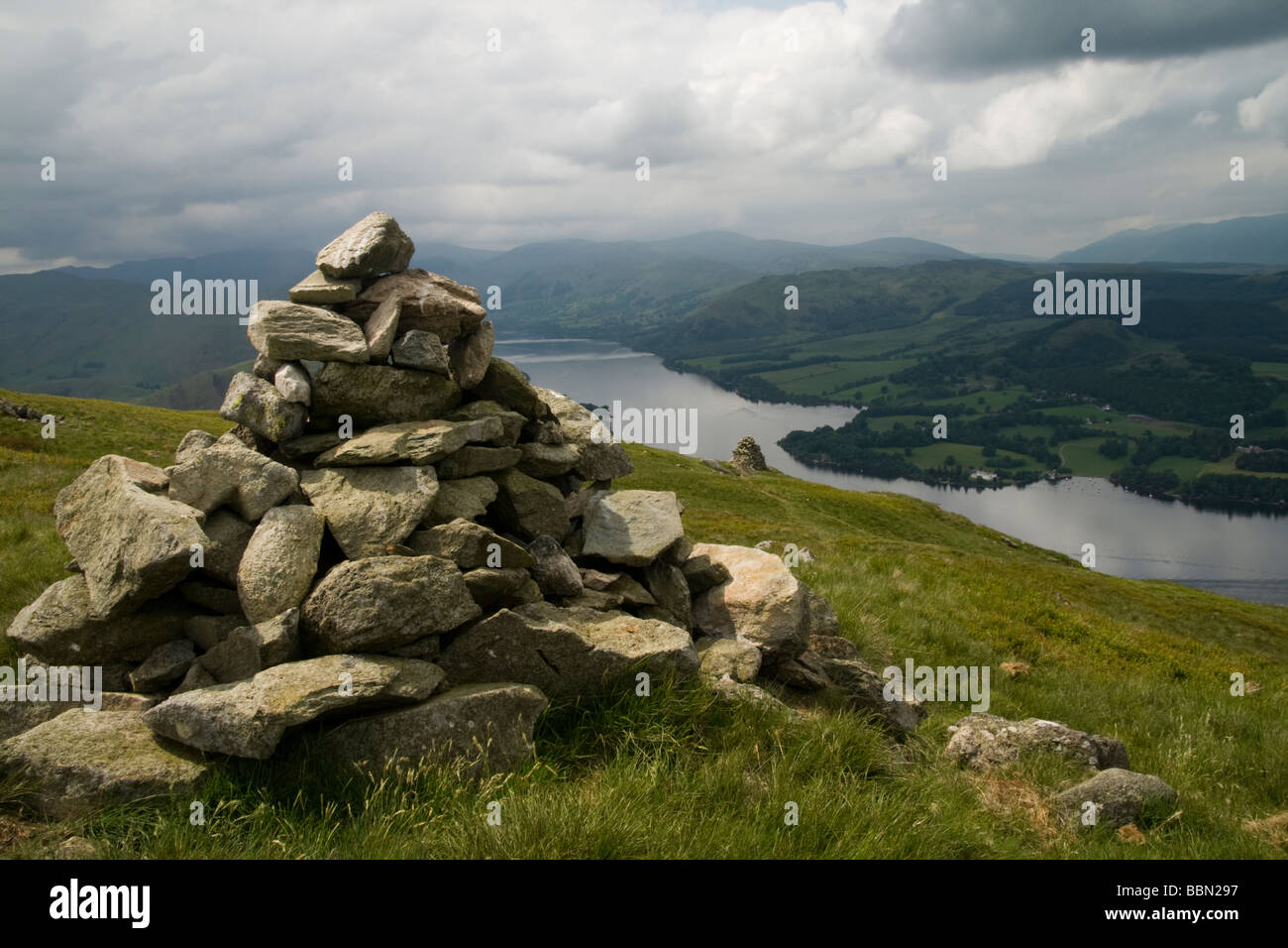 Cairn at  Arthur's Seat over looking Ullswater Stock Photo