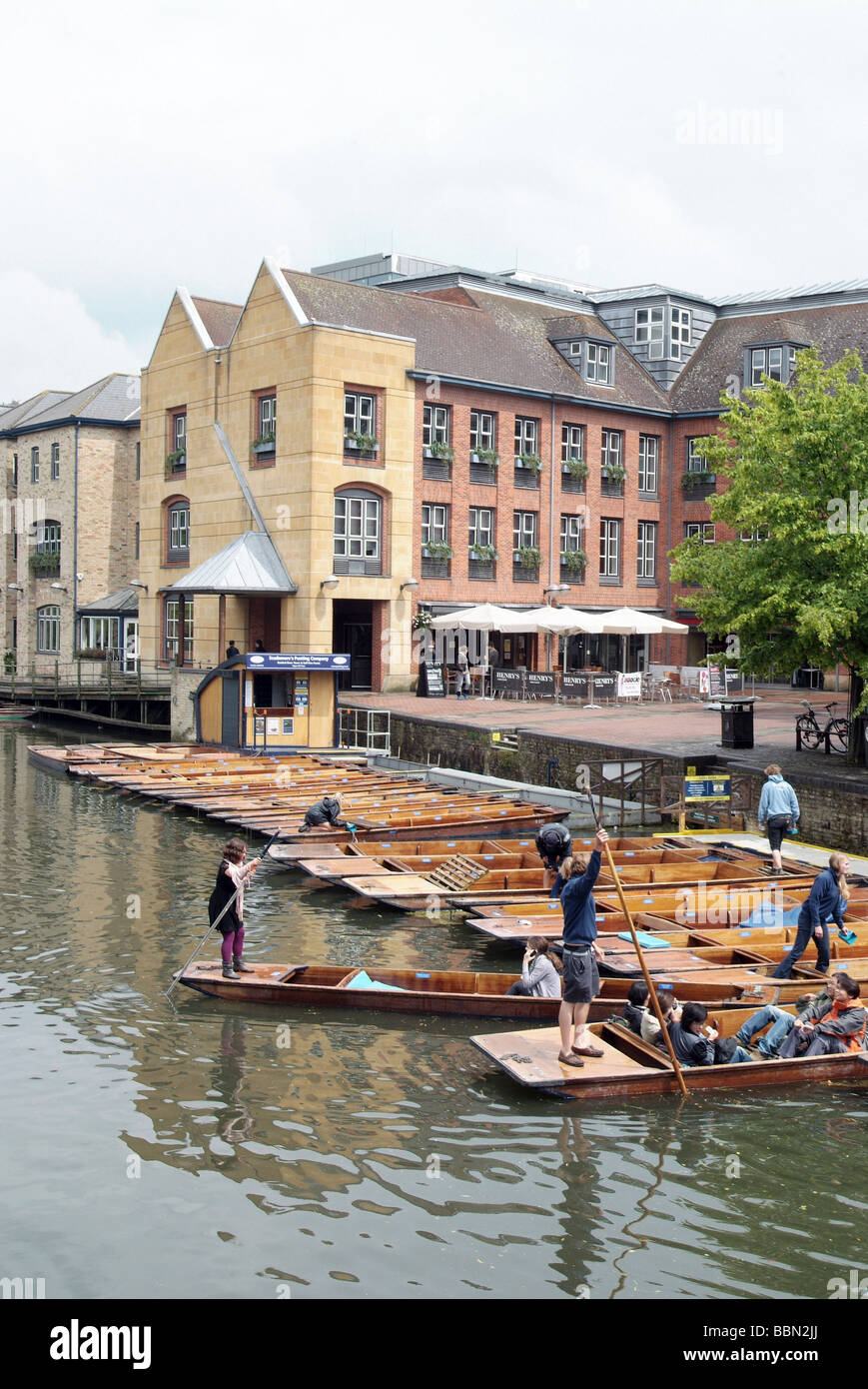 The quayside area of Cambridge with Scudamores punting yard, Cambridge England UK Stock Photo