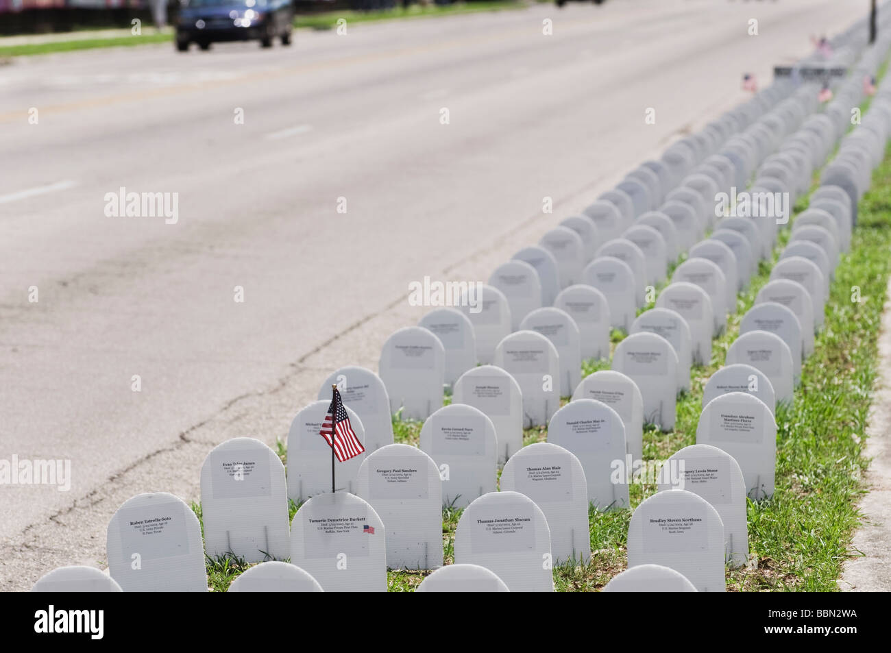 U.S. Memorial Day observance showing headstones representing fallen U.S. soldiers in war on terrorism in Iraq and Afghanistan. Stock Photo