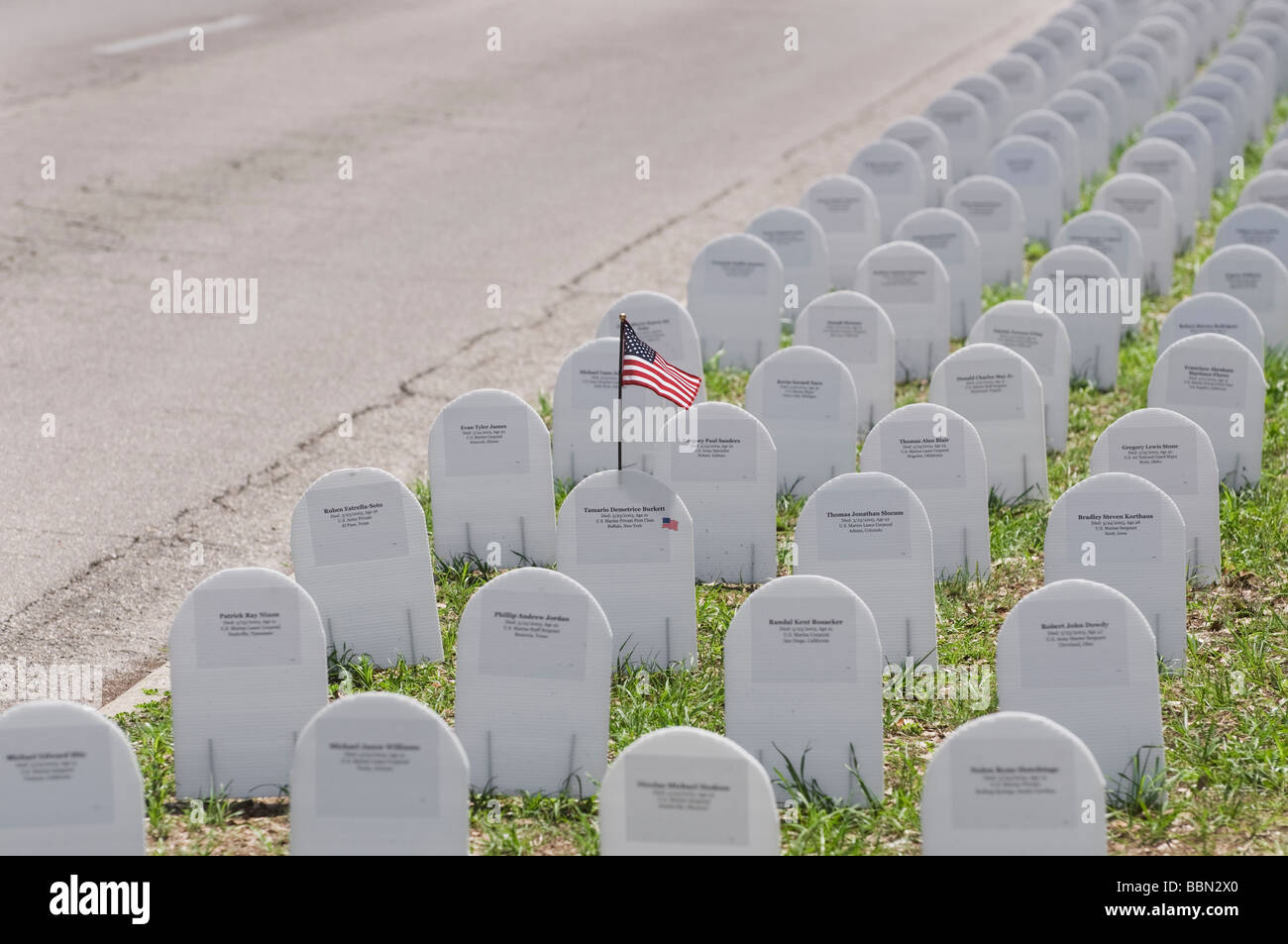U.S. Memorial Day observance showing headstones representing fallen U.S. soldiers in war on terrorism in Iraq and Afghanistan. Stock Photo
