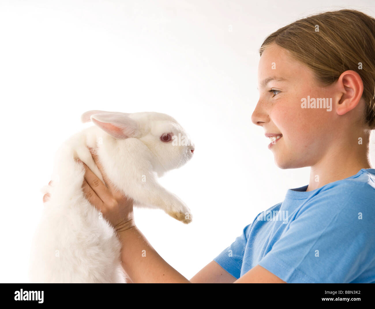 A girl looking into the face of her white rabbit Stock Photo - Alamy