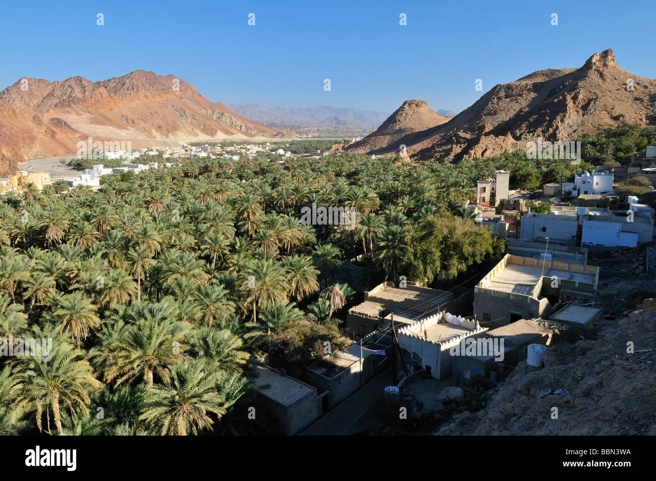 View over Franja oasis and Wadi Samail, Batinah Region, Sultanate of Oman, Arabia, Middle East Stock Photo