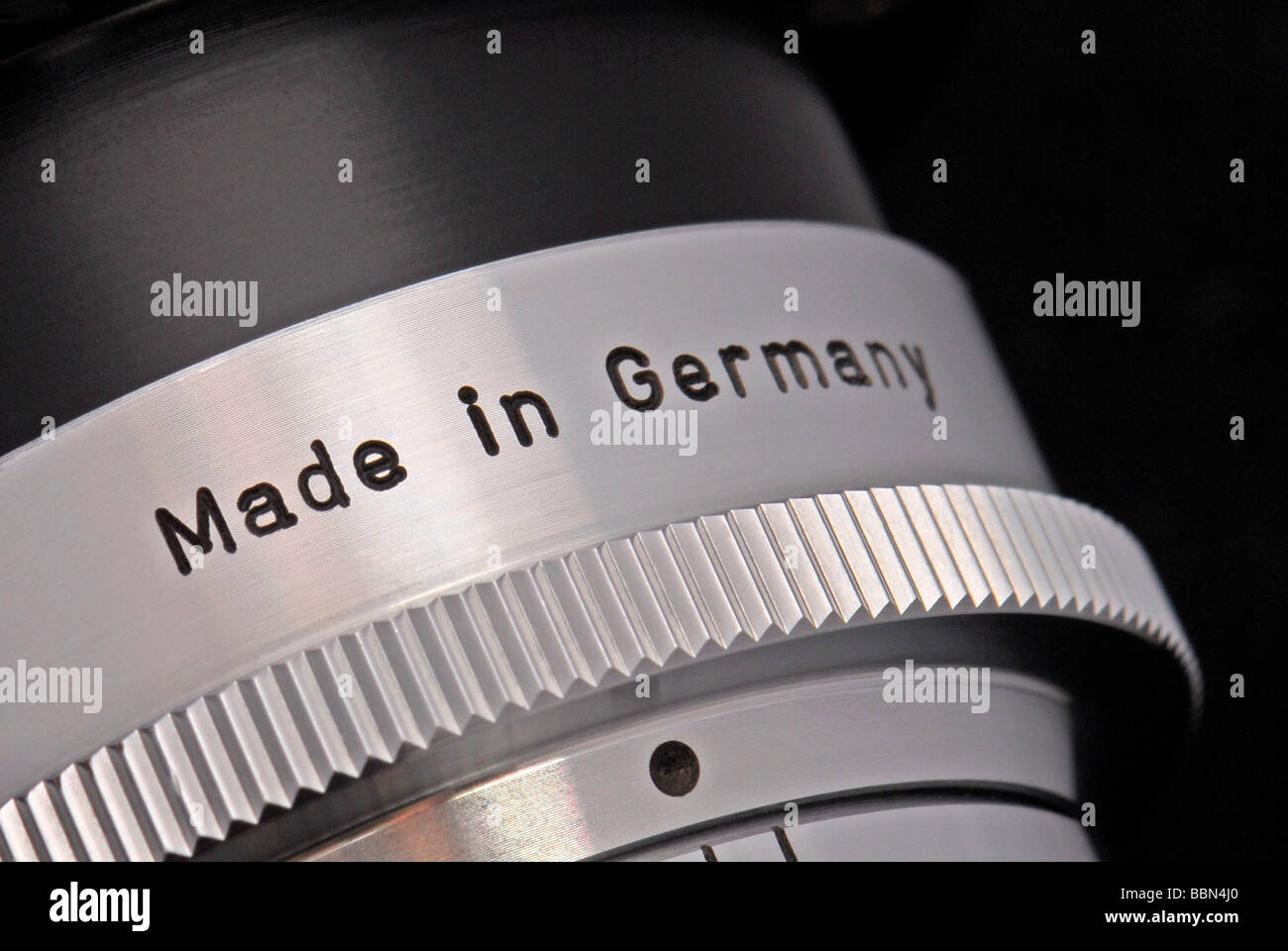 Made in Germany writing on a lens, a symbolic image for quality Stock Photo