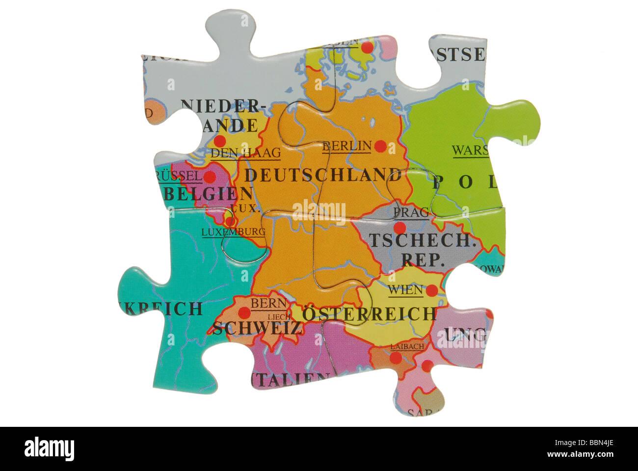 Four puzzle pieces of Germany and its neighbors Stock Photo