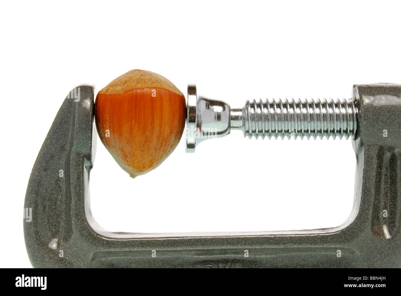 Nut clamped in a vice, symbolic picture for solving a problem, a hard nut to crack Stock Photo
