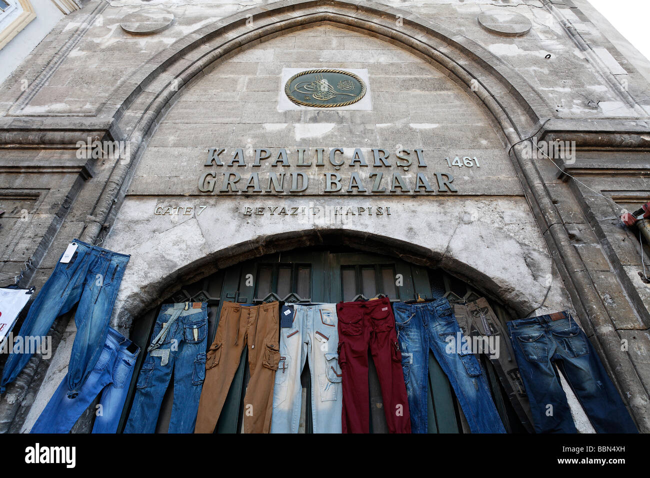 Closed entrance to the Grand Bazaar, hung with jeans, lettering Grand Bazaar, Beyazit Square, Istanbul, Turkey Stock Photo