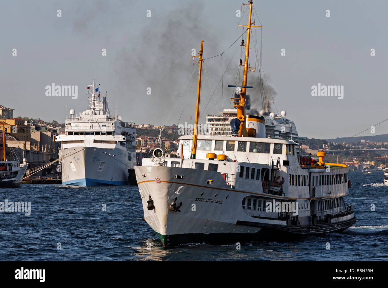 Old Bosphorus steamer in front of Karakoey, Istanbul, Turkey Stock Photo