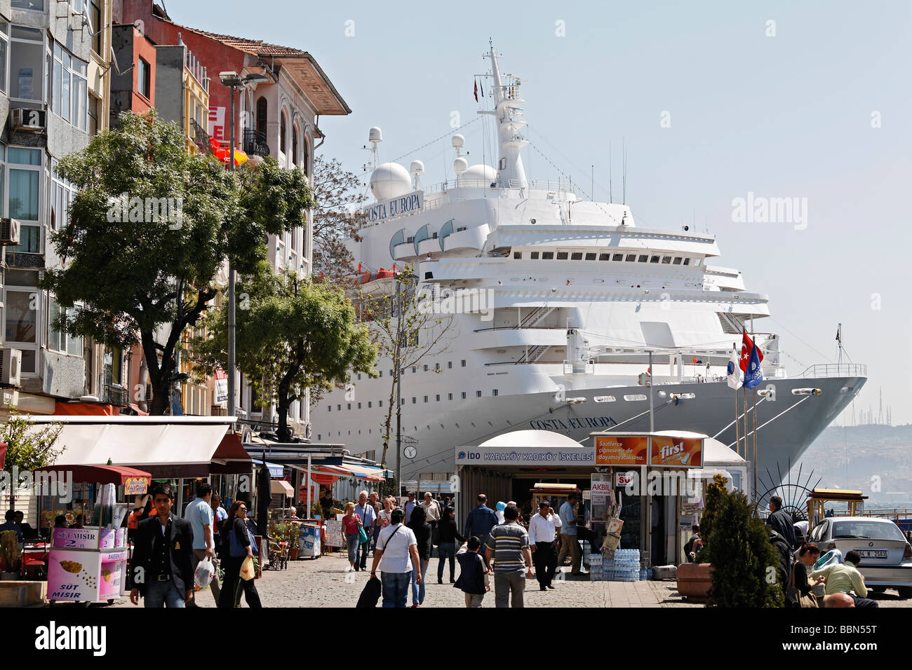 Karakoey quay with a large cruise ship, Bosphorus shore, Istanbul, Turkey Stock Photo