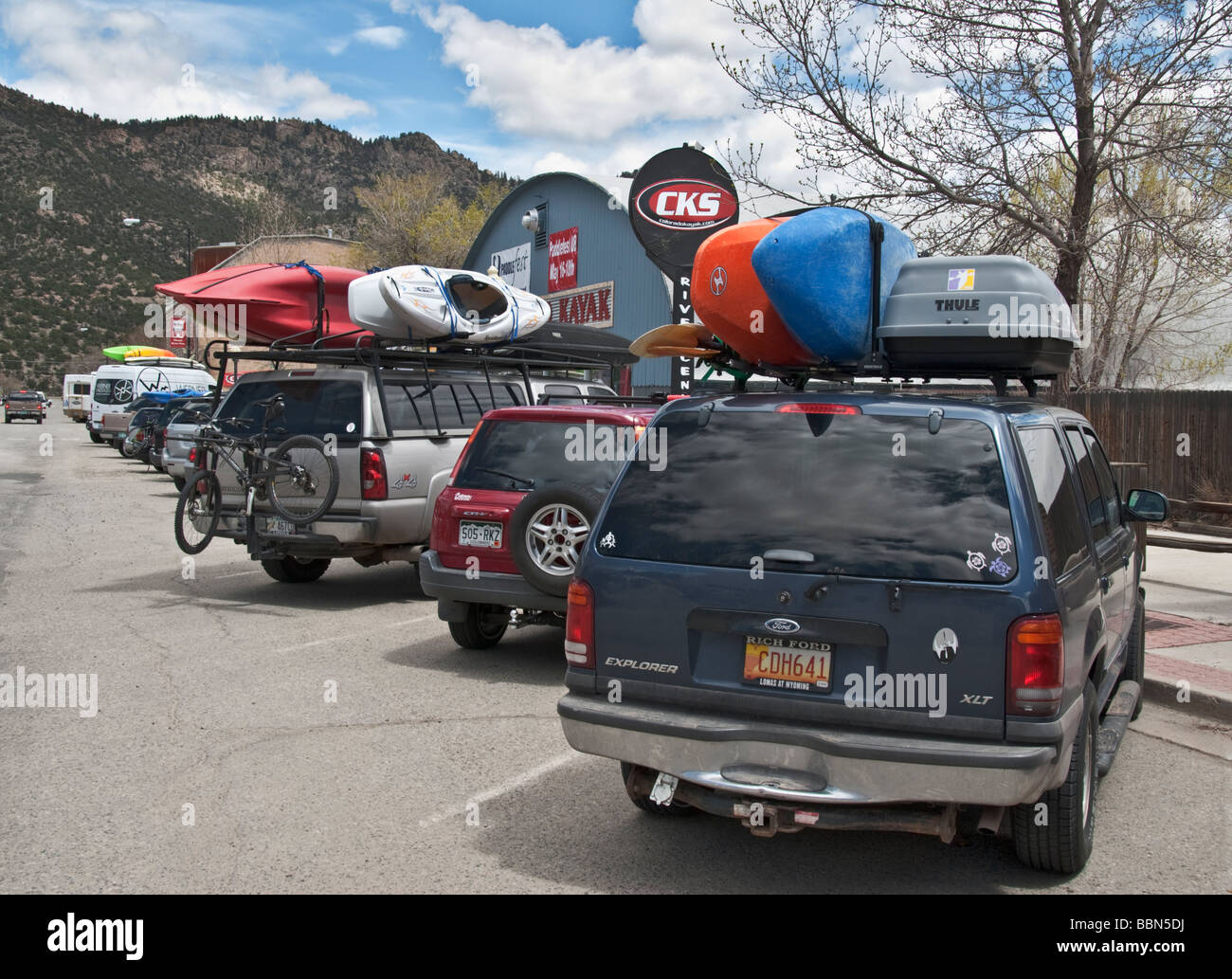 Colorado Buena Vista center for kayaking on the Arkansas River kayaks on cartop rack Stock Photo