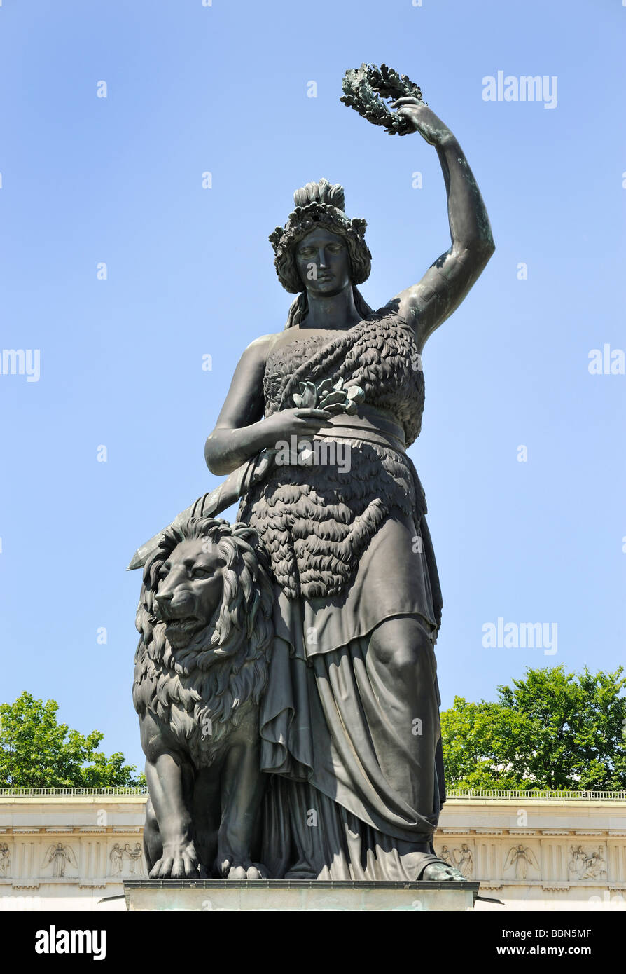 Bavaria statue with Hall of Fame at the Theresienhoehe in Munich, Upper Bavaria, Bavaria, Germany, Europe Stock Photo