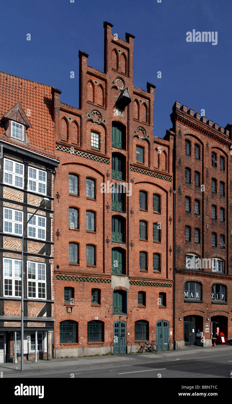 Former warehouses and Hanseatic town houses at the old port, Hanseatic City of Luebeck, Schleswig-Holstein, Germany, Europe Stock Photo