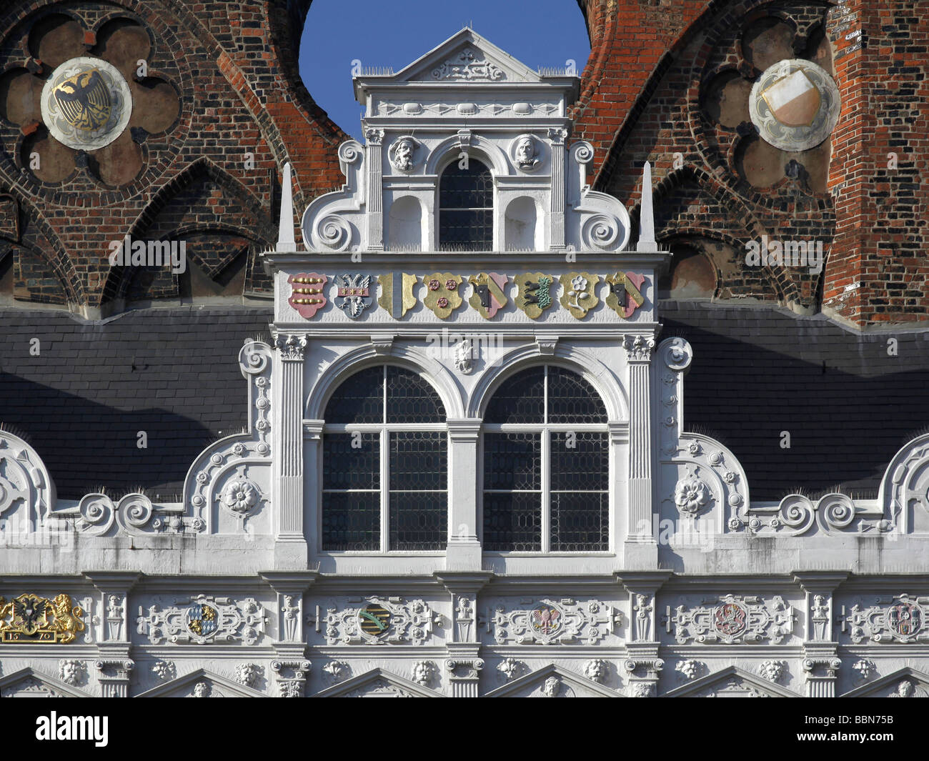 Detail of the Renaissance facade of the town hall on the market square, Hanseatic City of Luebeck, Schleswig-Holstein, Germany, Stock Photo