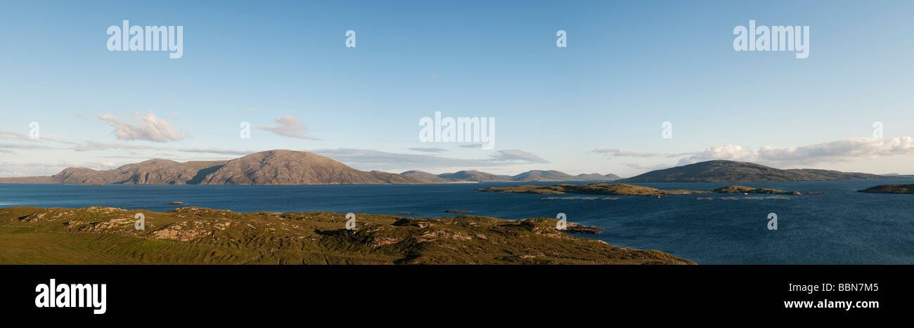 Loch a Siar, and South Harris mountain vista, Isle of harris, Outer Hebrides, Scotland. Panoramic Stock Photo