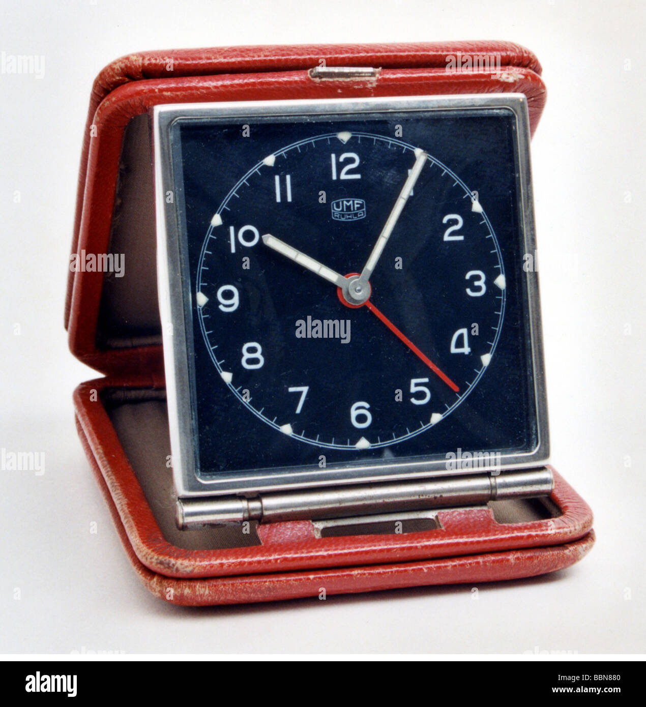 clocks, mechanic travel and etui clock Kal. 66, made by VEB Uhren- und Maschinenfabrik Ruhla, GDR, 1950s, Stock Photo