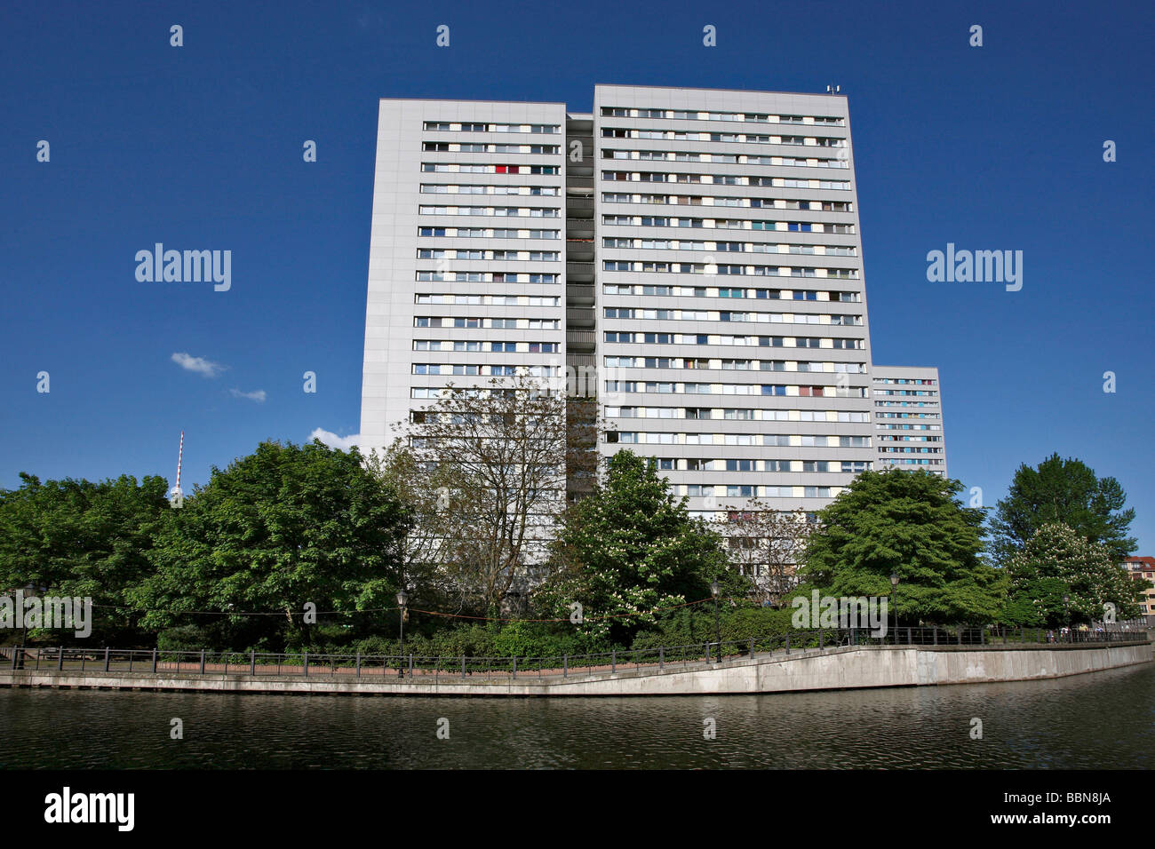 Plattenbau, prefabricated concrete high-rise building on Fishers' Island on the Spree River in Berlin, Germany, Europe Stock Photo
