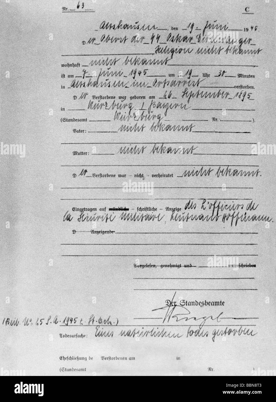 Dirlewanger, Oskar, 26.9.1895 - 6.6.1945, German military officer (SS), death certificate, Althausen, 19.6.1945, , Stock Photo