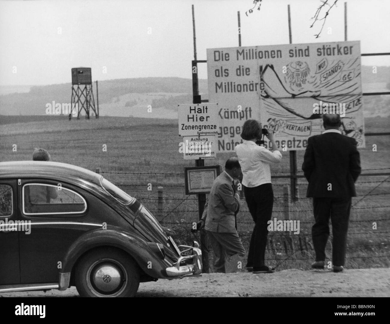 geography / travel, Germany, borders, Inner German Border, East German propaganda, sign 'The Millions are stronger then the Millionaires', Hohegeiss, Lower Saxony, 20.9.1965,  , Stock Photo