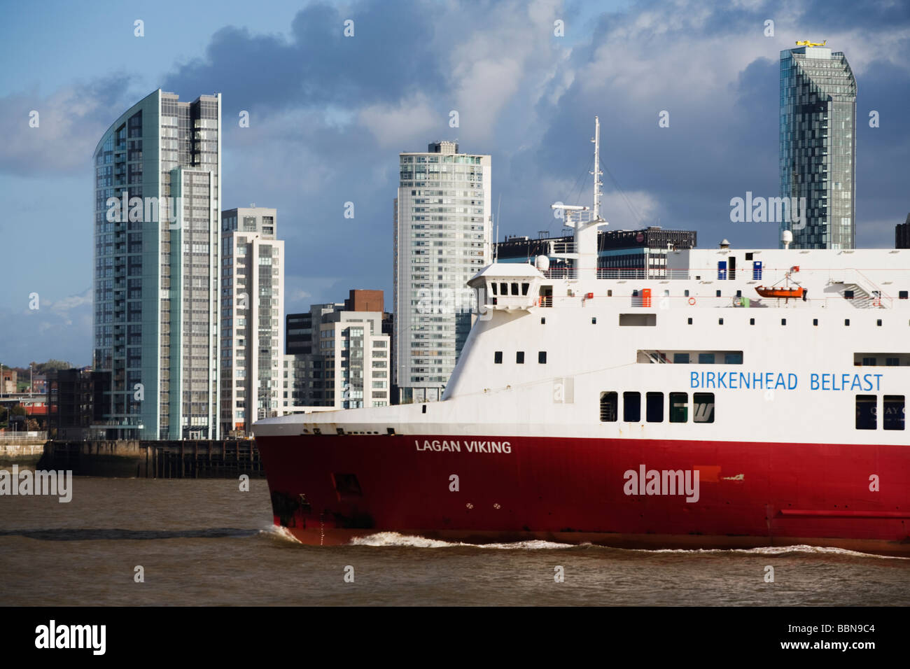 Birkenhead to Belfast Ferry on the Mersey in front of the modern
