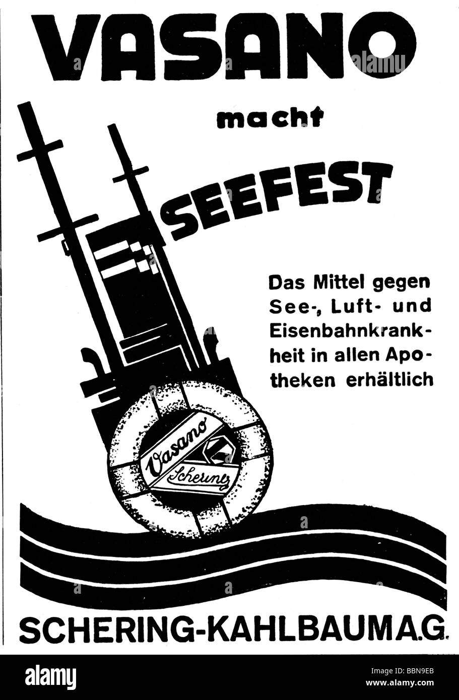 advertising, medicine, "Vasano" against sea sickness, Schering-Kahlbaum AG, advert, "Atlantis", April 1933, , Stock Photo