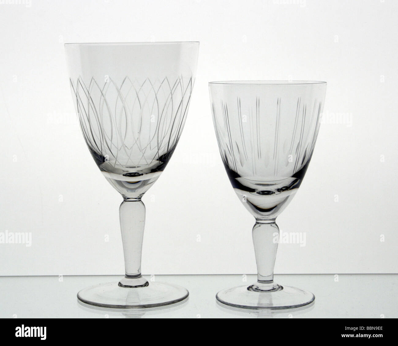 glass, vessels, two glasses from glass series No 10 002, shell form with  line cutting, made by VEB Glasfabrik Weisswasser, Bärenhütte, GDR, 1950,  historic, historical, 20th century, East-Germany, East Germany, DDR,  industrial
