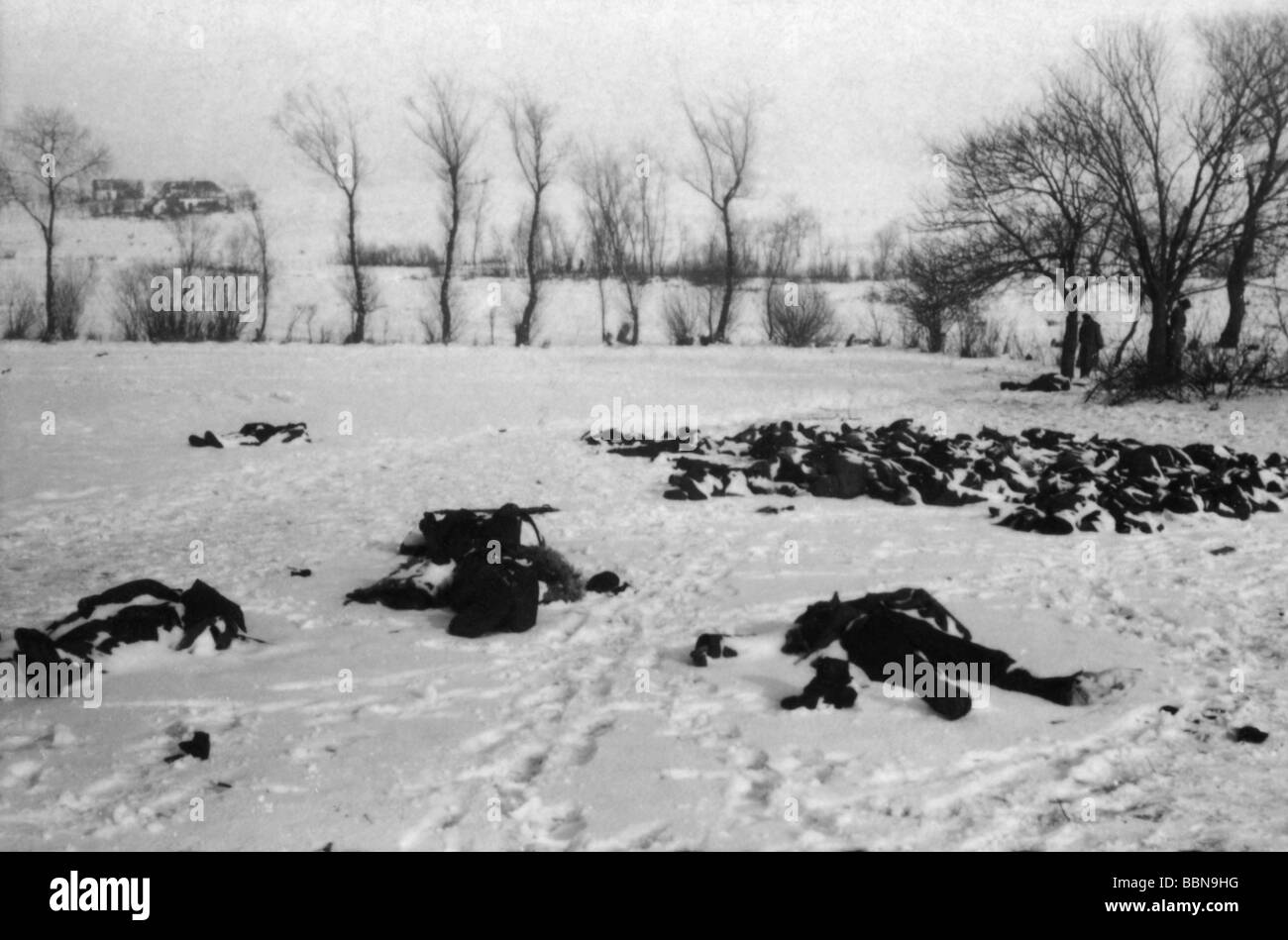 events, Second World War / WWII, Russia 1944 / 1945, fallen Soviet soldiers after a German counterattack near Britskoye, Ukraine, 27.1.1944, corpses, dead bodies, Eastern Front, Red Army, 20th century, Soviet Union, USSR, historic, historical, death, losses, snow, 1940s, people, Stock Photo