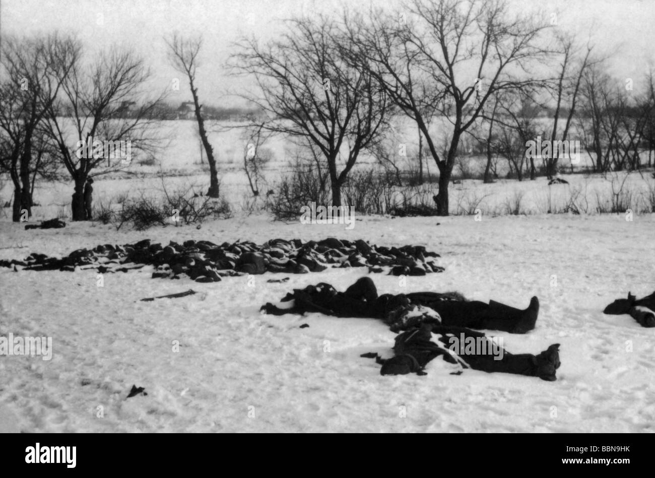 events, Second World War / WWII, Russia 1944 / 1945, fallen Soviet soldiers after a German counterattack near Britskoye, Ukraine, 27.1.1944, corpses, dead bodies, Eastern Front, Red Army, 20th century, Soviet Union, USSR, historic, historical, death, losses, snow, 1940s, people, Stock Photo