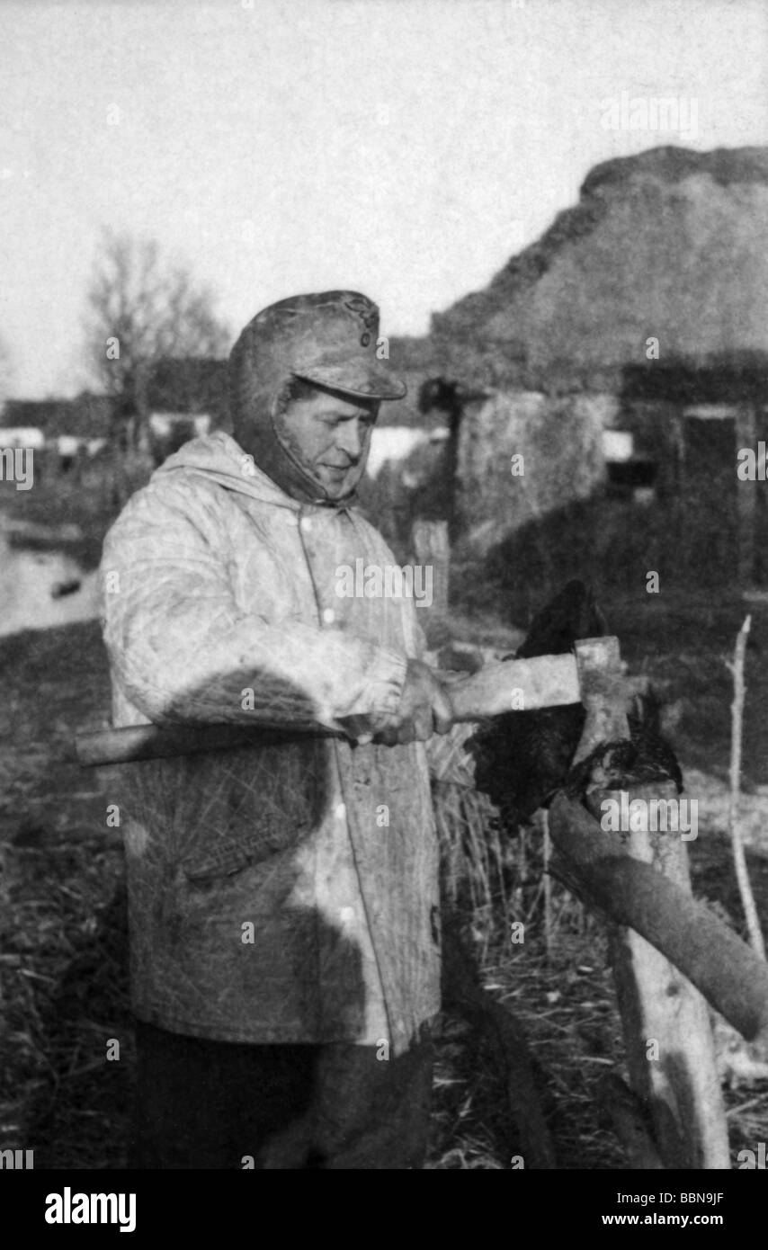 events, Second World War / WWII, Russia 1944 / 1945, German soldier slaughtering a chicken, near Britskoye, Ukraine, late January 1944, Eastern Front, historic, historical, USSR, Soviet Union, 20th century, historic, historical, winter clothes, Wehrmacht, Luftwaffe, axe, fowl, 1940s, people, Stock Photo