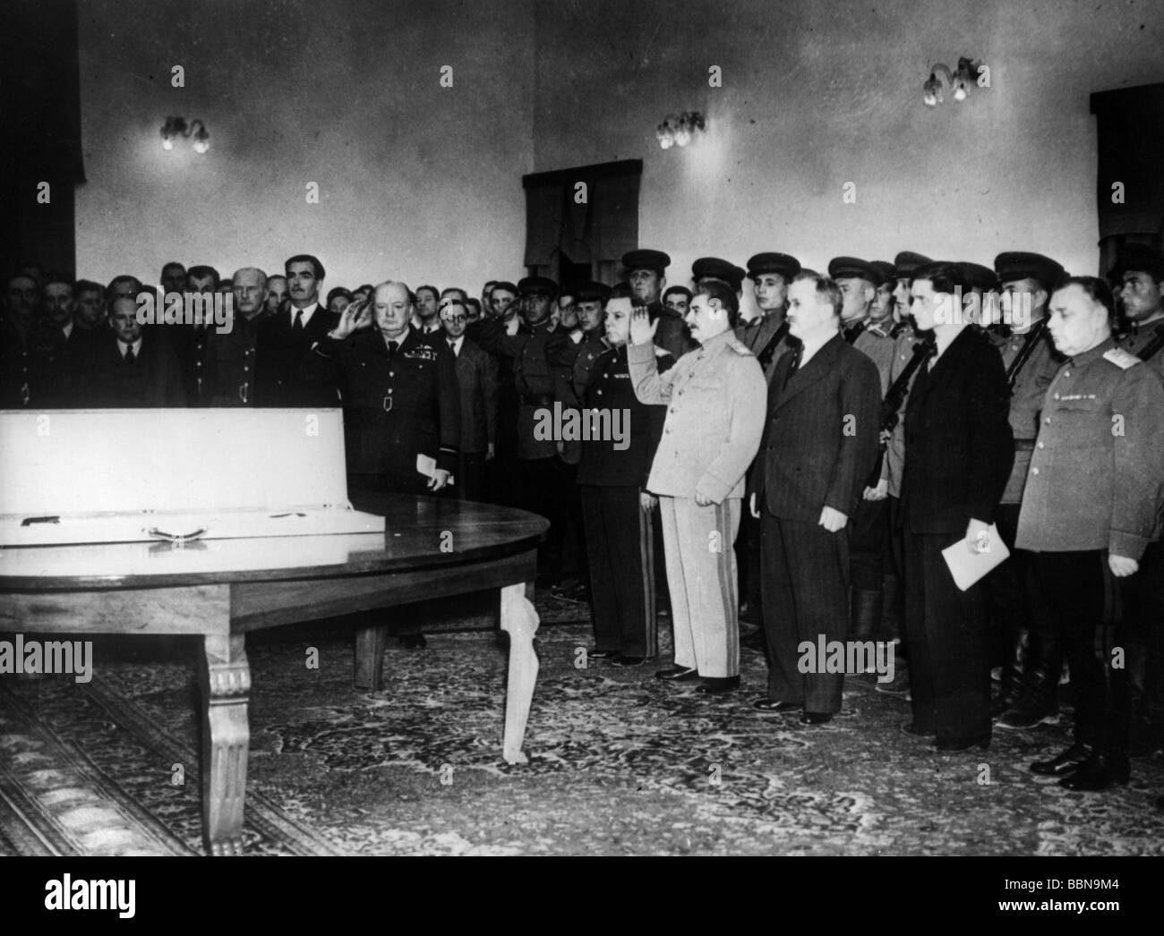 events, Second World War / WWII, conferences, Tehran Conference, 28.11.1943 - 1.12.1943, presentation of the 'Stalingrad Sword' to the Russians, Winston Churchill and Joseph Stalin during the ceremony, 29.11.1943, Stock Photo