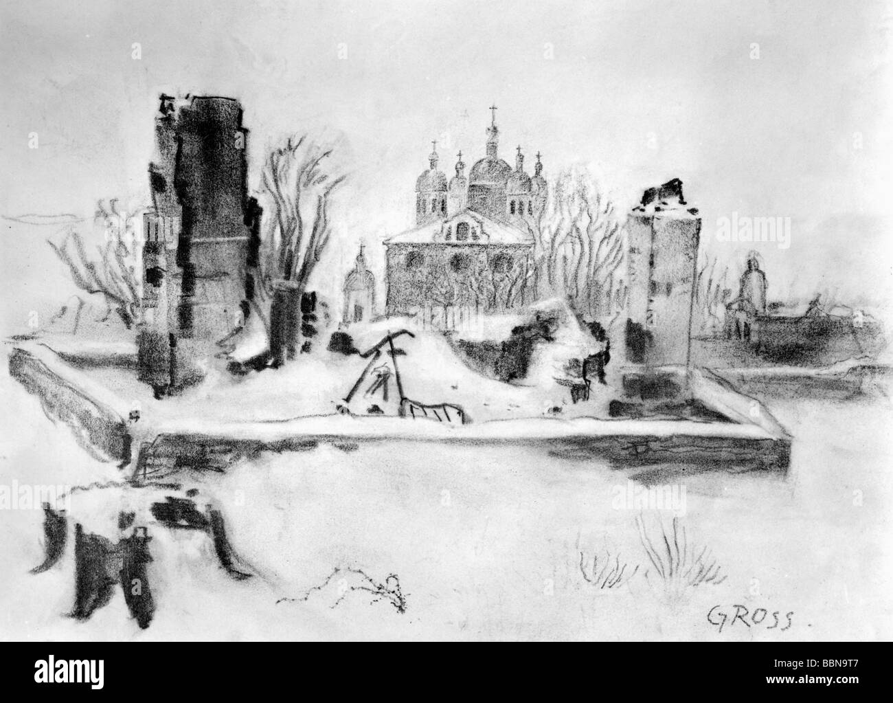 events, Second World War / WWII, Russia, cities / villages / landscapes, the cathedral of Smolensk behind a ruin, drawing by Gross, December 1941 / January 1942 USSR, Eastern Front, Soviet Union, 20th century, historic, historical, destruction, ruin, ruins, church, churches, campaign, Baroque, Uspensky, 1940s, Stock Photo