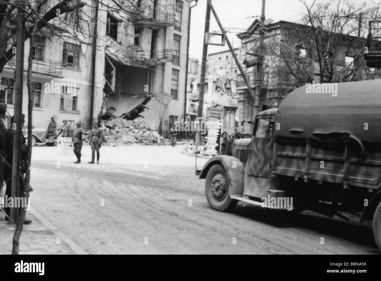 events, Second World War / WWII, Russia 1944 / 1945, Crimea, Wehrmacht lorry in Sevastopol, April 1944, vehicle, vehicles, 20th century, historic, historical, Eastern Front, USSR, Soviet Union, destruction, ruin, Wehrmacht, Third Reich, military, 1940s, people, Stock Photo