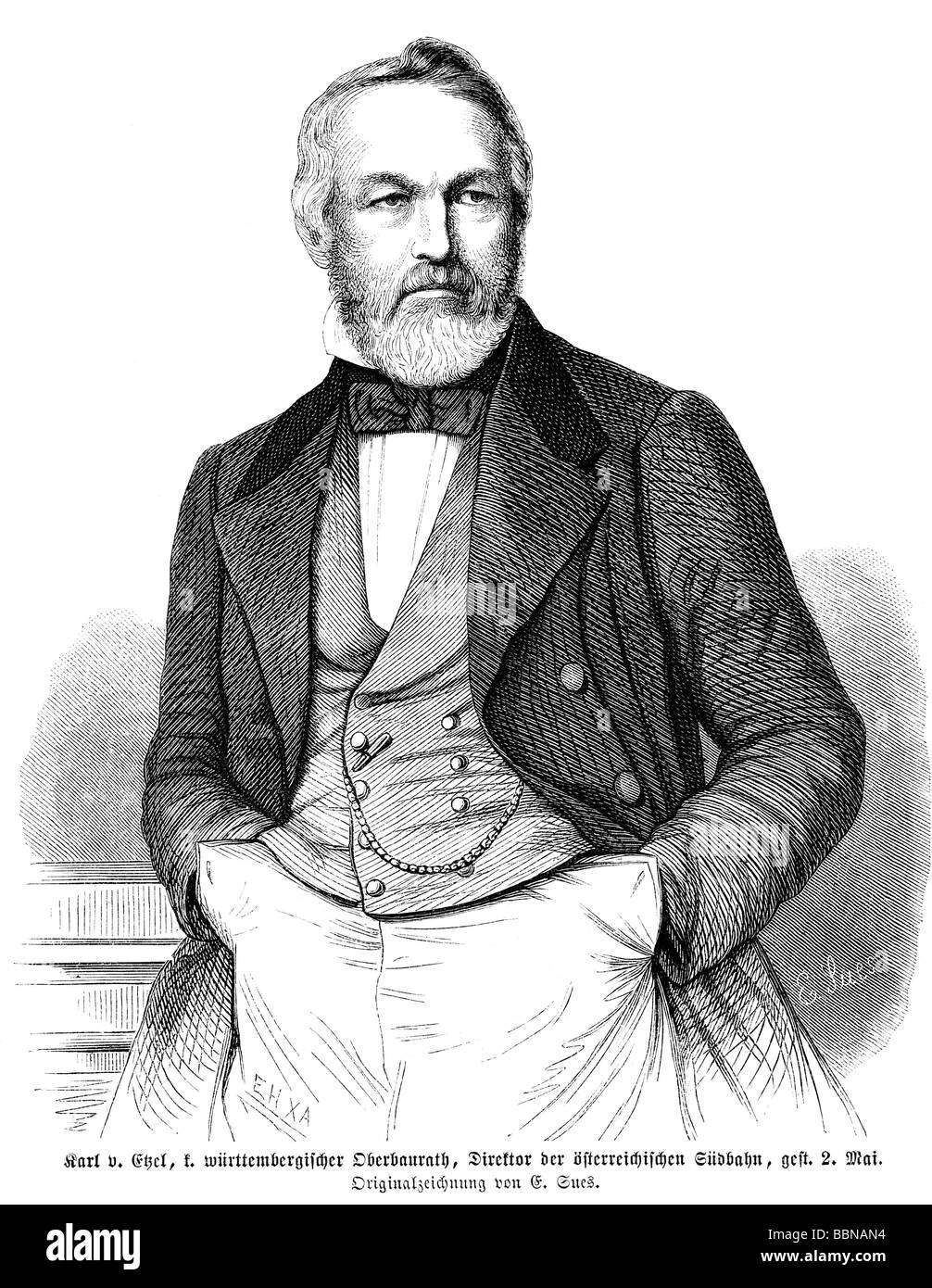 Etzel, Karl, 6.1.1812 - 2.5.1865, German engineer and architect, half length, wood engraving, 1865, , Stock Photo