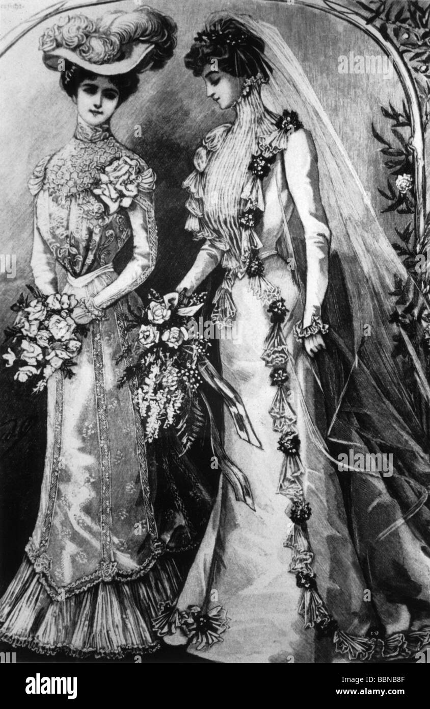 fashion, 19th century, ladies' fashion, two women with fancy dresses, circa 1890, dress, veil, quillings, hat, long, historic, h Stock Photo