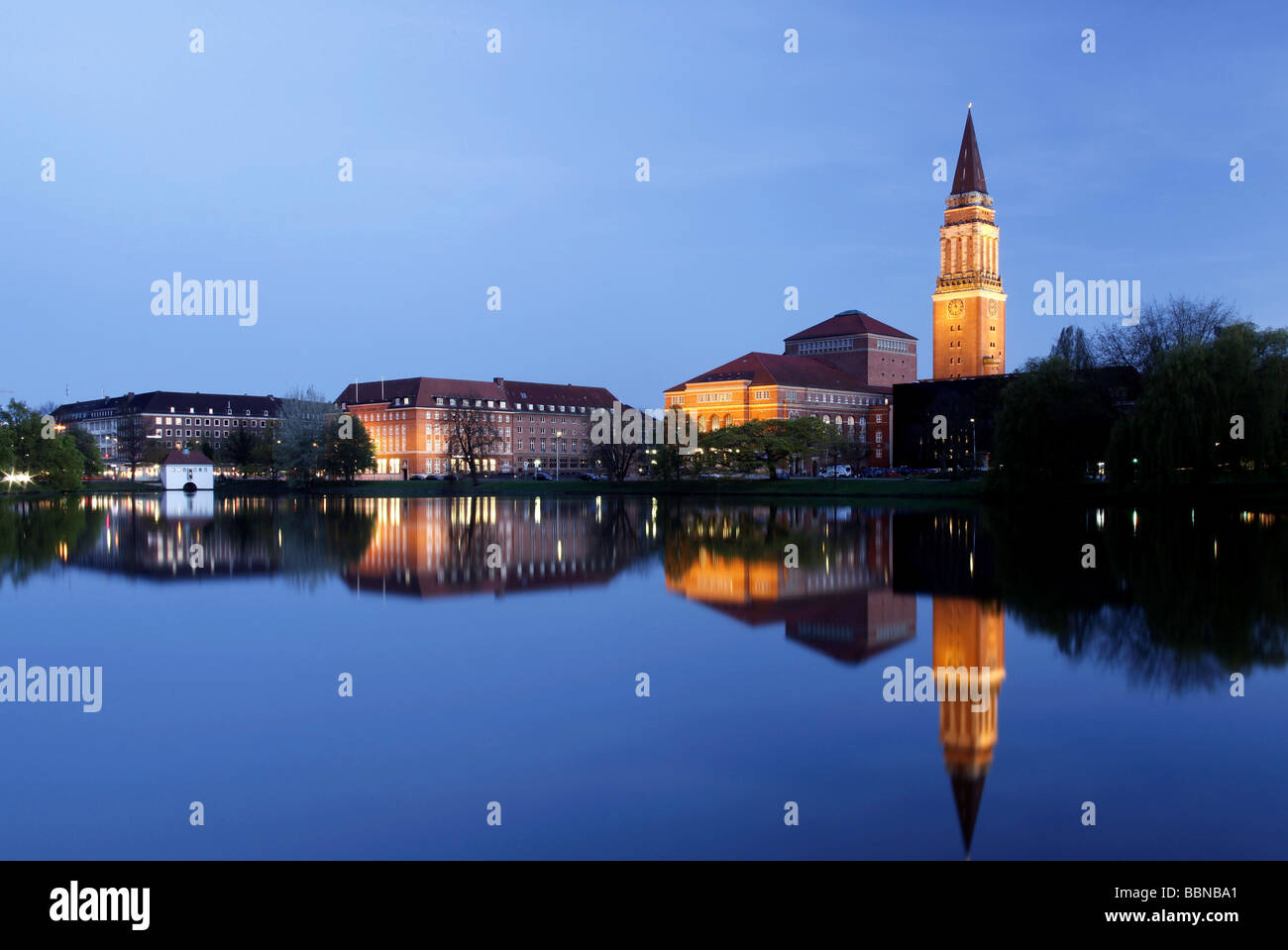 Overlooking the Kleiner Kiel lake, on the city hall and opera house, Kiel, Schleswig-Holstein, Germany, Europe Stock Photo