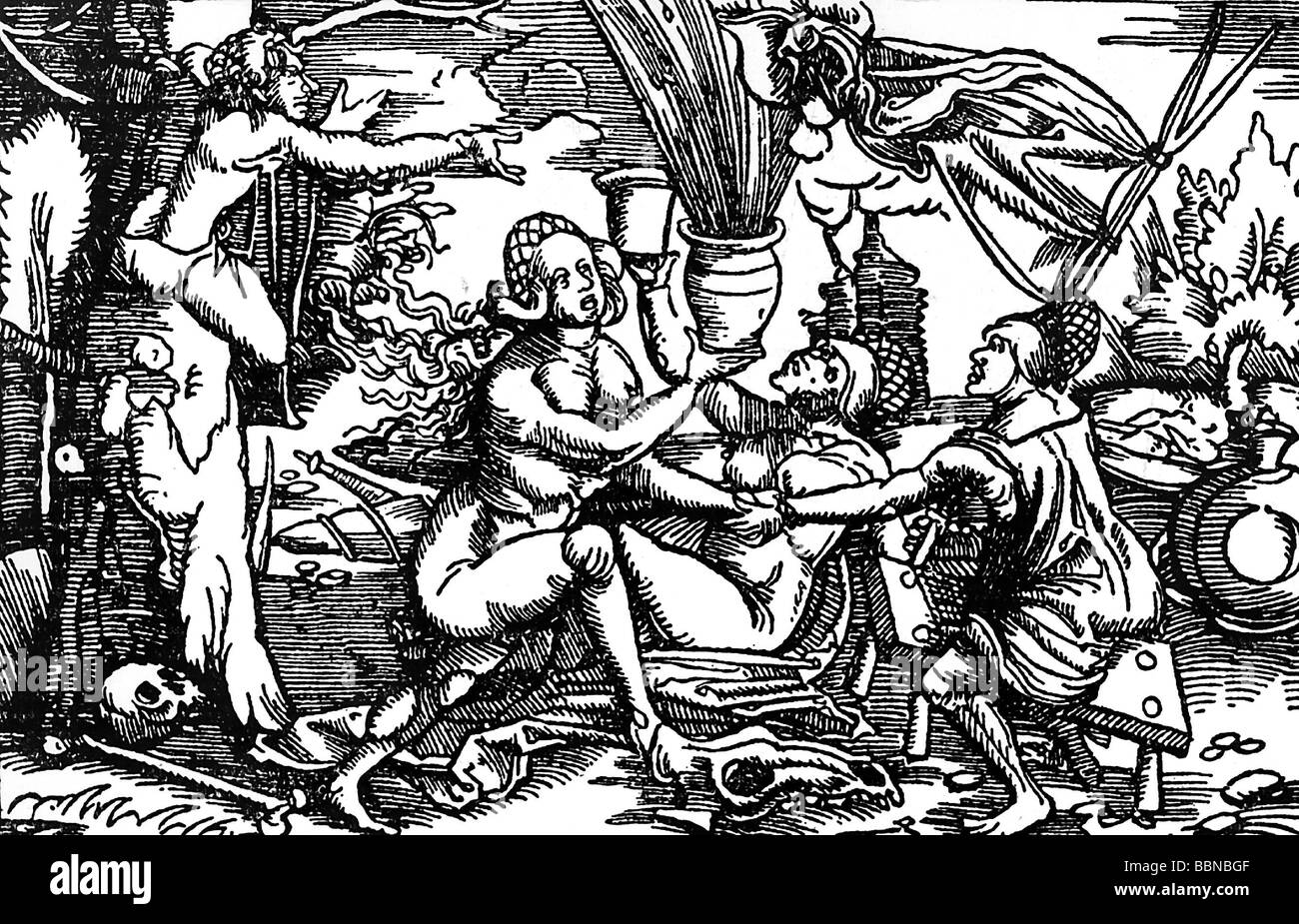 witchcraft, witches preparing a love potion, woodcut, 16th century, witch, aphrodisiac, fine arts, women, sorcery, magic, historic, historical, people, Stock Photo