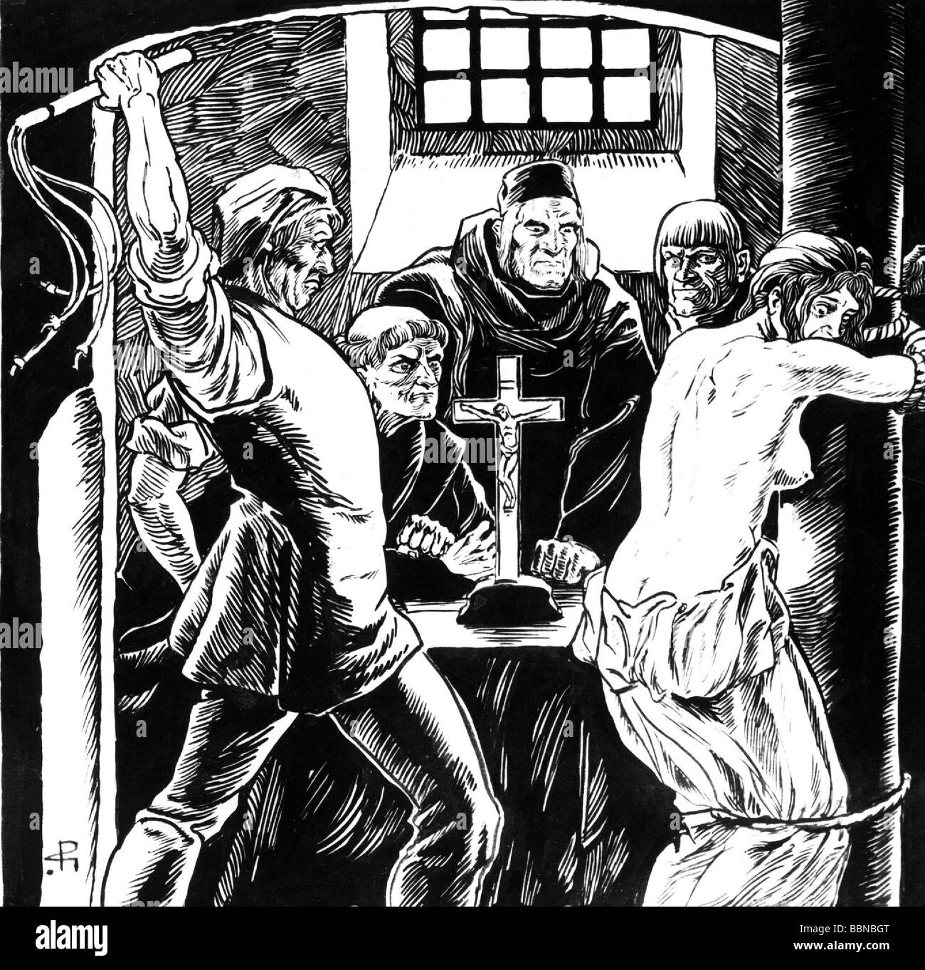 witches, witch-hunt, torture scene, lashing, illustration, witch hunt, flagellation, castigation, flagellations, scourge, whip, church, cross, clergyman, clergymen, punishment, torturer, woman, women, historic historical, people, female, Stock Photo