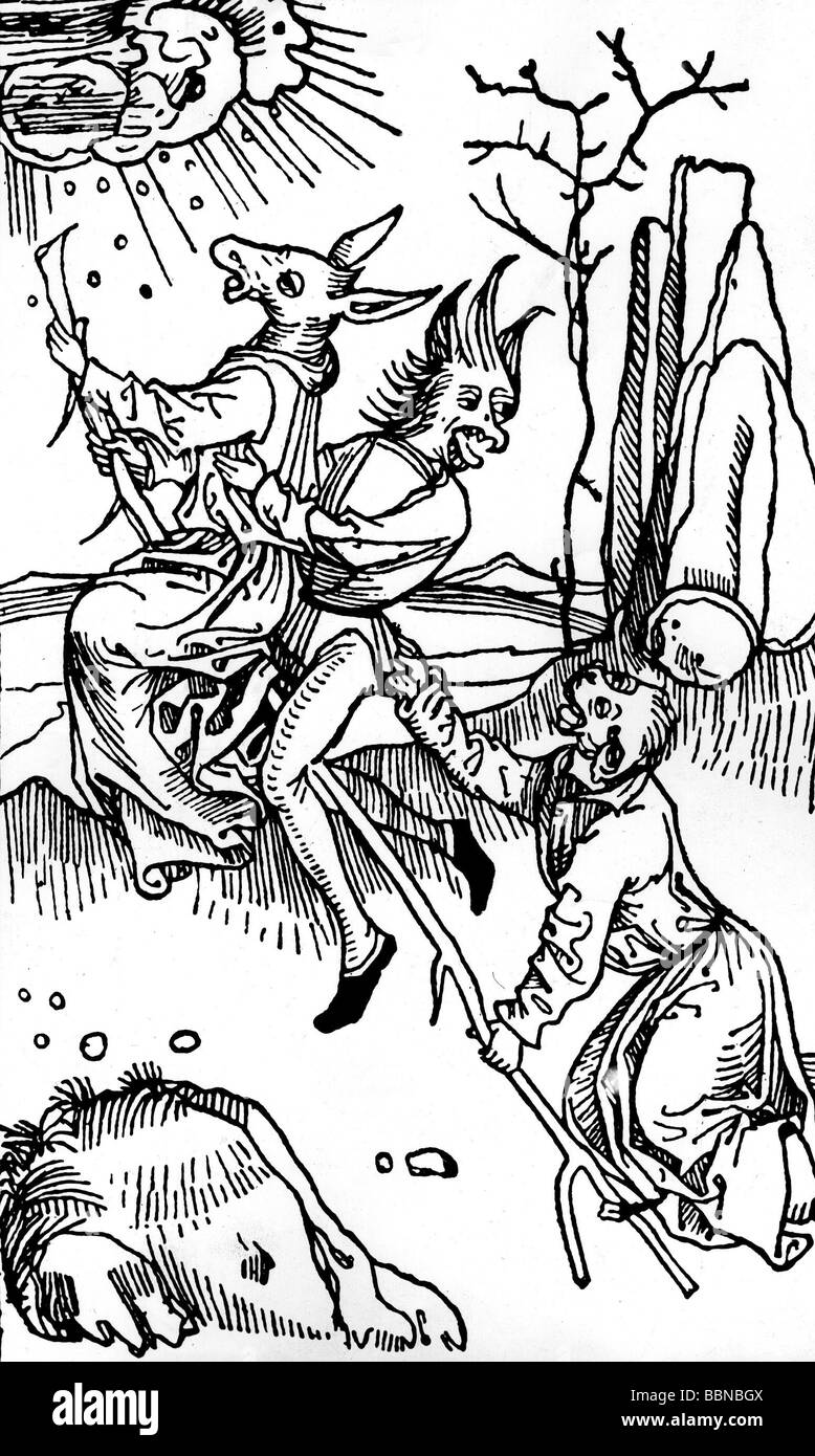 witchcraft, witches riding on a stick, woodcut, illustration from 'Tractatus von den bosen weibern, die man nennet die Hexen' (Tract on evil women called witches), by Ulrich Molitor, circa 1490, Stock Photo
